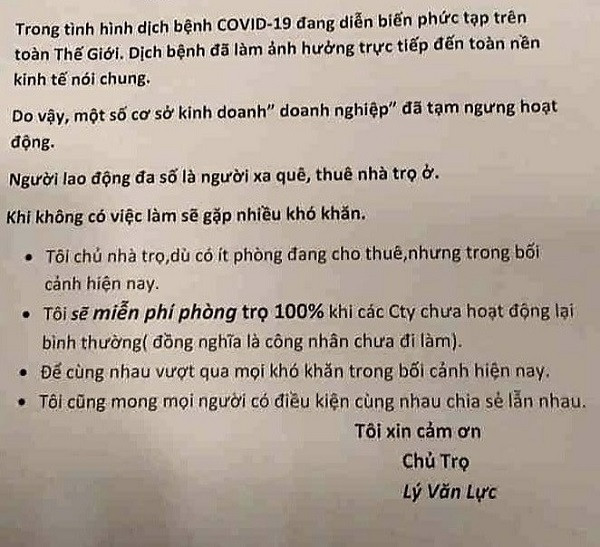 Chủ trọ đồng loạt miễn, giảm tiền thuê nhà cho công nhân mùa dịch Covid-19