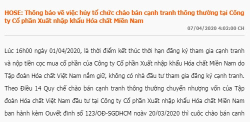 “Thách cưới” quá căng, lô cổ phần Hóa chất Miền Nam lại… ế