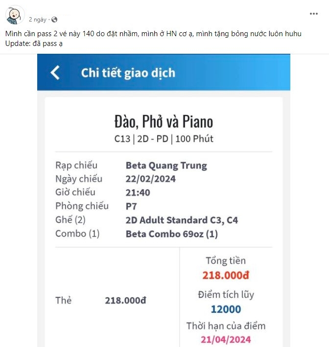 Xôn xao "phe vé" phim ''Đào, phở và piano'': Giá bán lại cao gấp 6 lần giá gốc, Trung tâm Chiếu phim Quốc gia lên tiếng cảnh báo - Ảnh 2