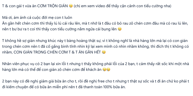 Bát cơm trộn "tiểu cường" trong một nhà hàng ở quận 1 khiến 2 mẹ con "điếng người": Phục vụ xin lỗi nhưng người có trách nhiệm lại im re - Ảnh 1