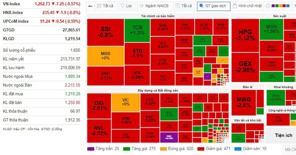 VN-Index giảm 7,25 điểm trong phiên sàn HoSE "đứng hình"