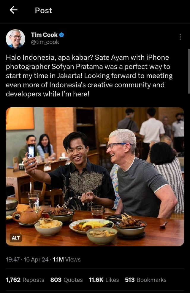 Tim Cook đã đặt chân tới Indonesia ngay sau chuyến thăm Việt Nam, tuyên bố đang tìm vị trí xây nhà máy mới tại đây - Ảnh 1