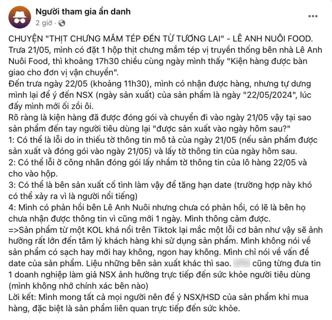 Bị tố không minh bạch về thông tin ngày sản xuất thịt chưng mắm tép, Lê Anh Nuôi nói gì giữa "drama"? - Ảnh 2