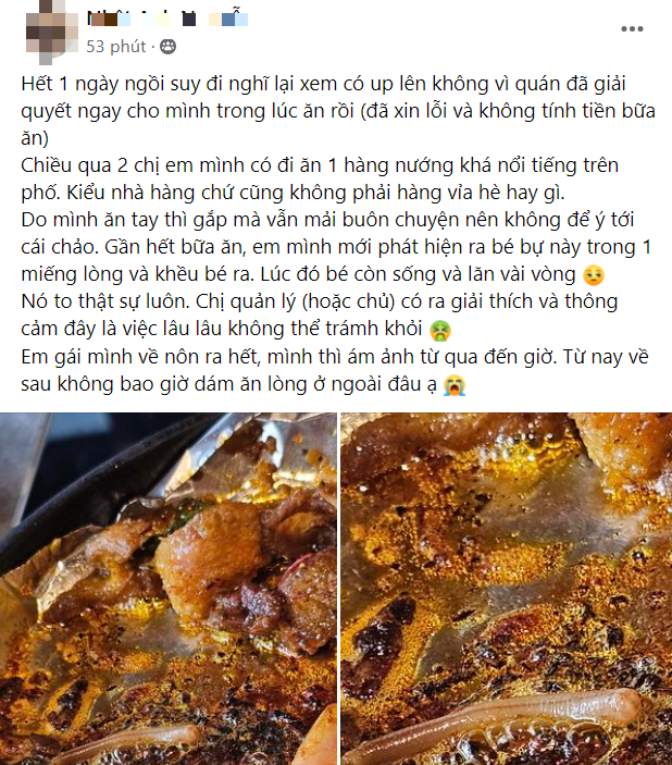 "Sinh vật lạ" trong món lòng nướng khiến vị thực khách ám ảnh cả đêm: Cư dân mạng phản ứng bất ngờ - Ảnh 1