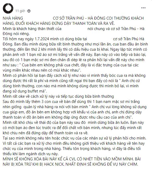 Ăn buffet hải sản nhưng cua có vấn đề, khách phản ánh bất ngờ bị đuổi khỏi nhà hàng? - Ảnh 1
