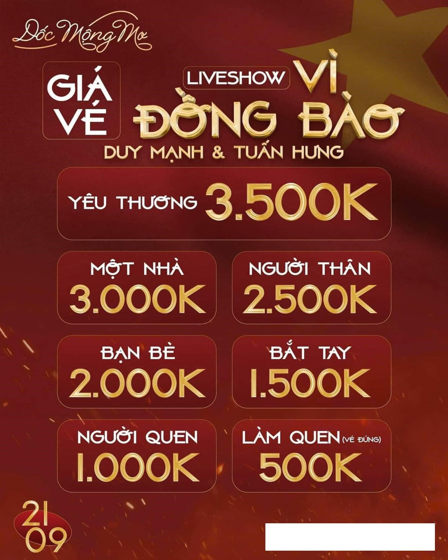 Vé liveshow Duy Mạnh-Tuấn Hưng ủng hộ 3 tỷ hỗ trợ đồng bào: thấp nhất 500 nghìn, một dịch vụ khác nhanh chóng ăn theo - Ảnh 1