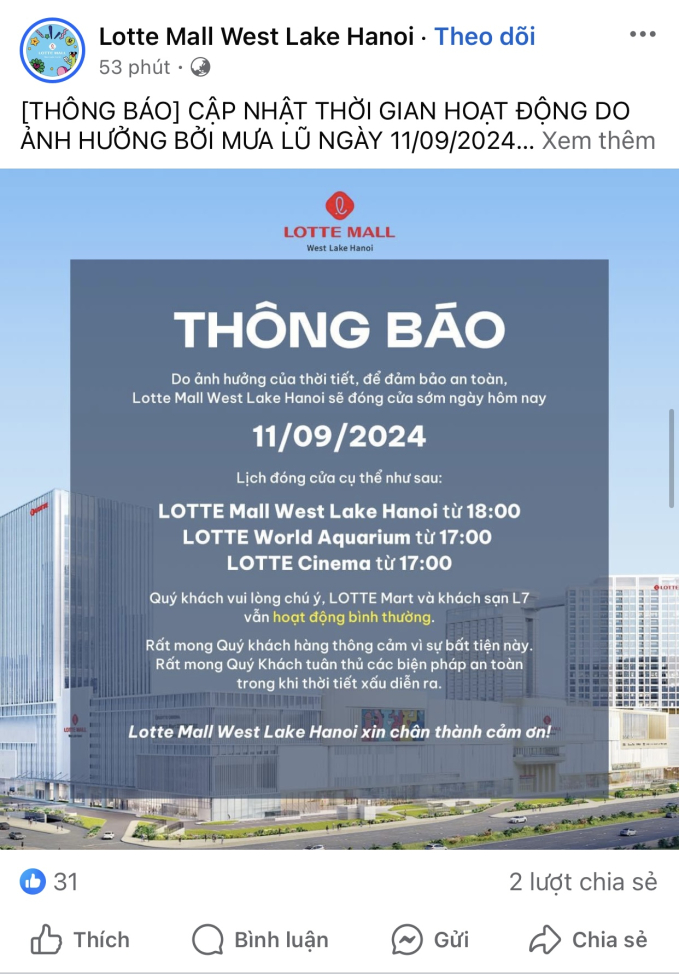 Một loạt cửa hàng tại Lotte Mall Tây Hồ và Aeon Mall Long Biên thông báo đóng cửa sớm vì ảnh hưởng của lũ lụt - Ảnh 2
