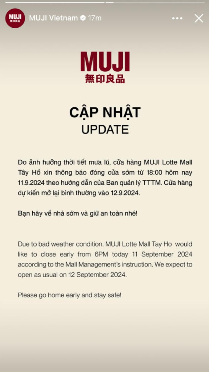 Một loạt cửa hàng tại Lotte Mall Tây Hồ và Aeon Mall Long Biên thông báo đóng cửa sớm vì ảnh hưởng của lũ lụt - Ảnh 7