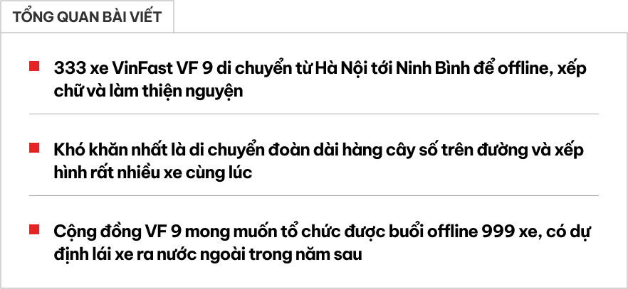 Đưa 333 xe VinFast VF 9 vượt hơn 100km đi 'xếp hình', trưởng nhóm chia sẻ: 'Đoàn quá dài, Usain Bolt chạy vội cũng phải mất 5 phút' - Ảnh 1