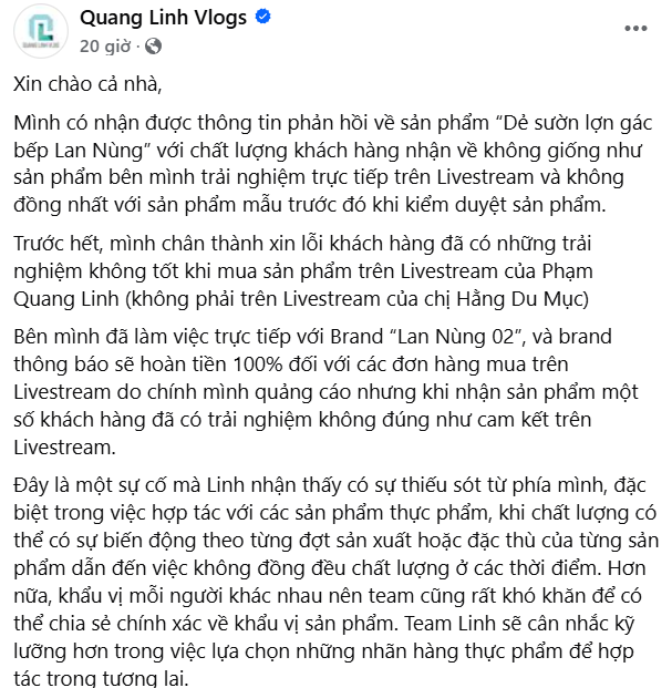 Quang Linh Vlogs xin lỗi vì livestream bán phải hàng kém chất lượng - Ảnh 1