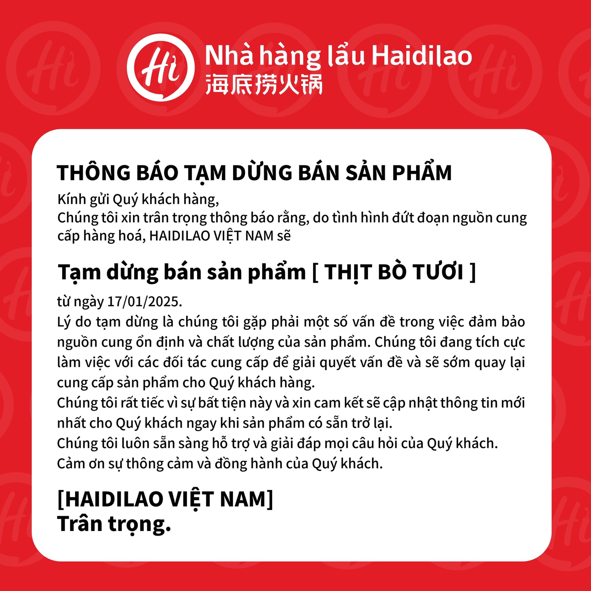 Haidilao bất ngờ thông báo tạm dừng bán thịt bò tươi, thực khách hốt hoảng hiểu nhầm - Ảnh 1
