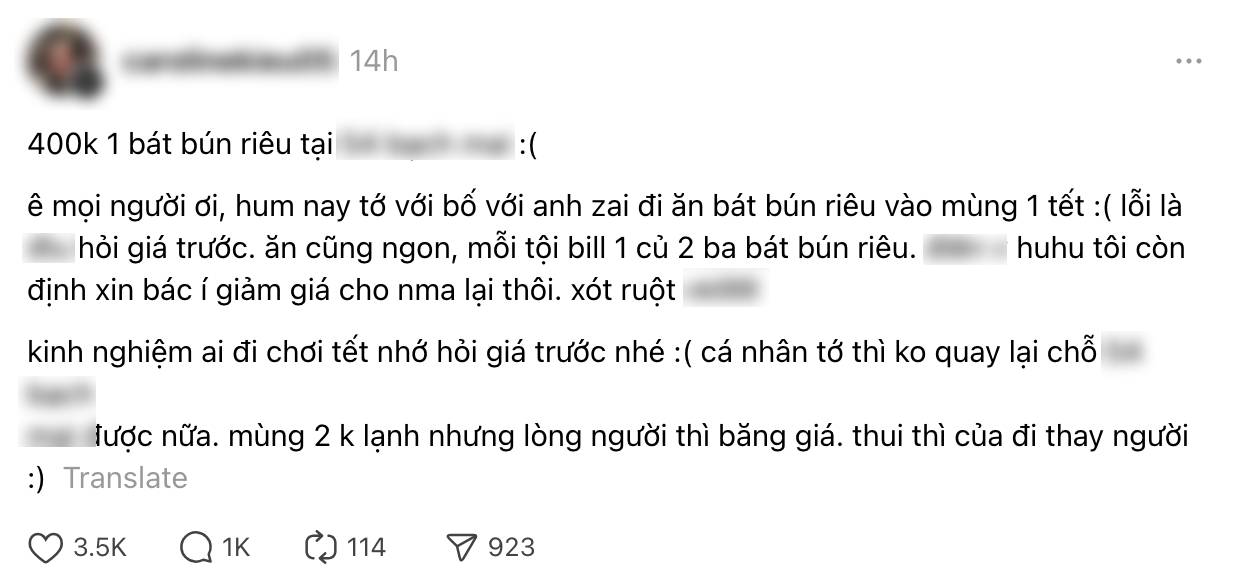 Bát bún riêu 400k ngày Tết khiến dân mạng "dậy sóng", chủ quán lên tiếng khiến nhiều người bất ngờ khi biết lý do - Ảnh 1