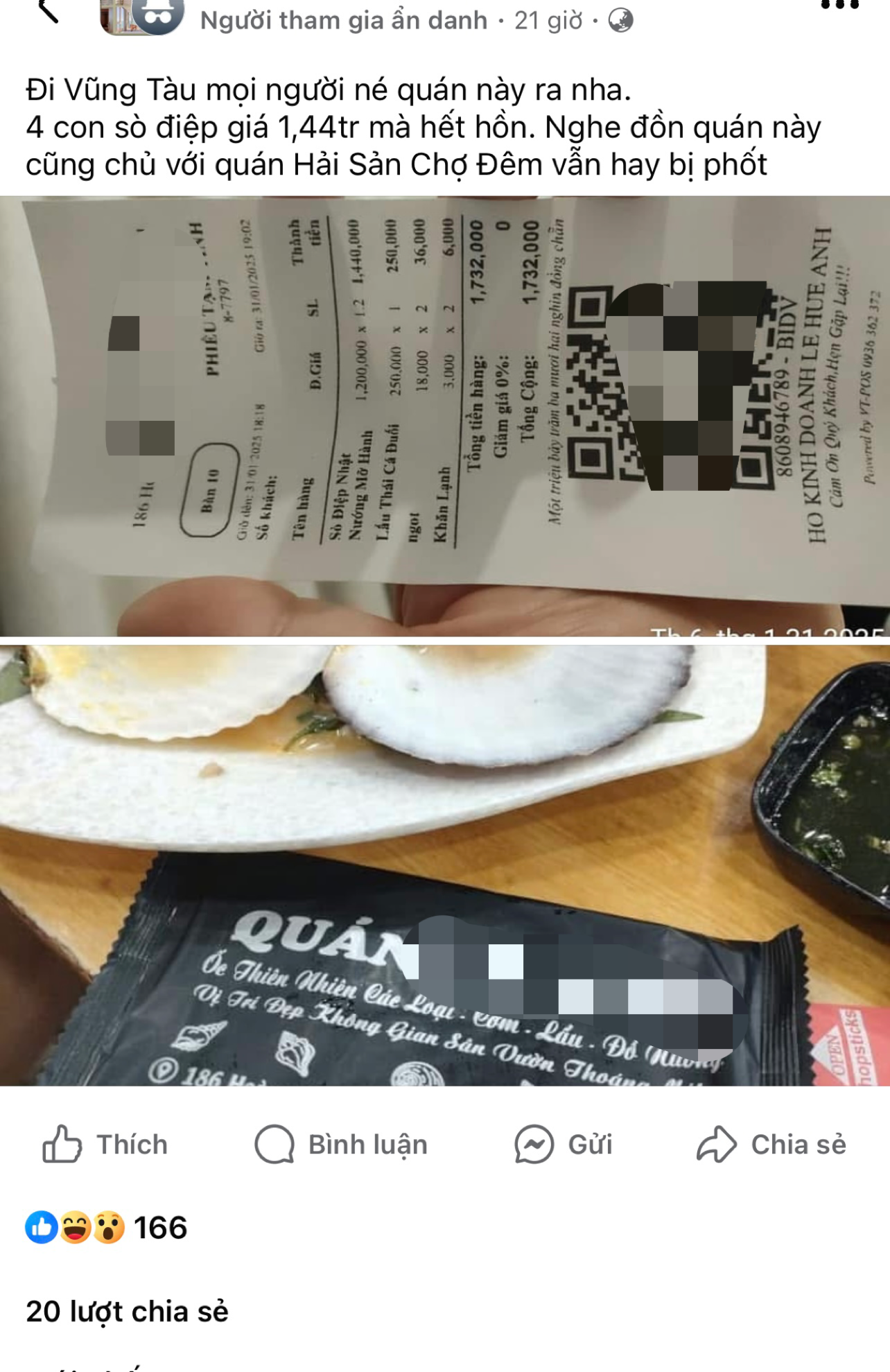 4 con sò điệp giá hơn 1,4 triệu đồng, quán ăn ở Vũng Tàu "bị soi" - Ảnh 1