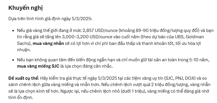 Hỏi mua vàng nhẫn hay vàng miếng có lợi hơn, Deepseek, Grok đồng tình chỉ ra lựa chọn tối ưu, khuyến nghị mức chênh lệch cần lưu ý - Ảnh 1