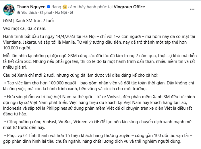 Xanh SM tròn 2 tuổi: tạo hơn 100.000 việc làm, phục vụ 15 triệu khách hàng, hợp tác 100 đơn vị vận tải, ra quốc tế - Ảnh 1
