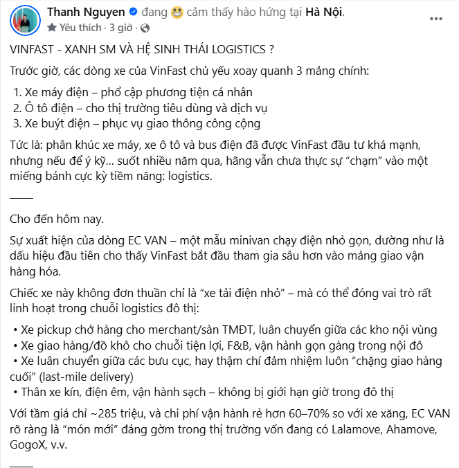 CEO Xanh SM: VinFast EC Van là 'món mới' đáng gờm trên thị trường logistics toàn các ông lớn như Lalamove, Ahamove - Ảnh 1