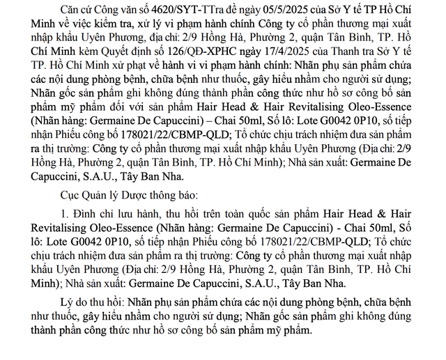 Thu hồi lô dầu gội “nổ” công dụng như thuốc chữa bệnh do một công ty ở TP HCM đưa ra thị trường - Ảnh 1
