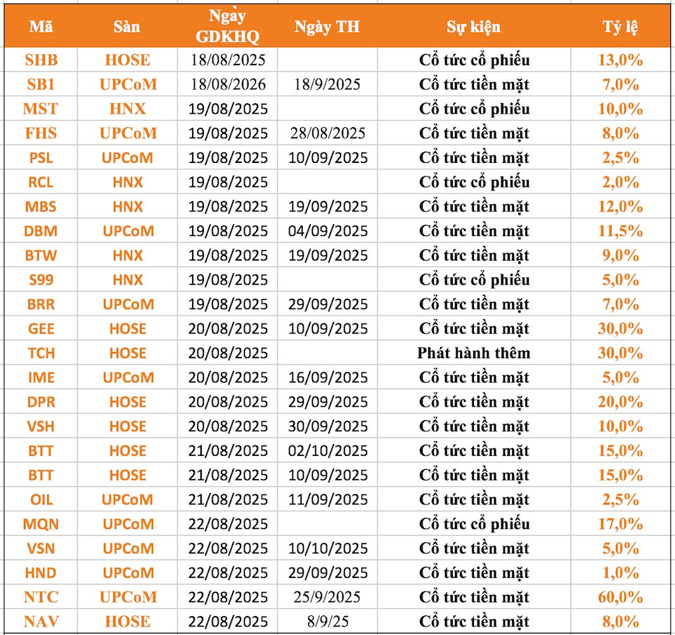 Lịch chốt quyền cổ tức 18/8-22/8: Cổ tức tiền mặt cao nhất 60%, một doanh nghiệp chi hơn nghìn tỷ trả cổ tức - Ảnh 1