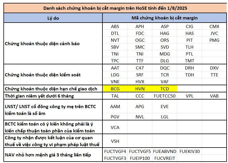 HOSE cập nhật cổ phiếu bị cắt margin tháng 8, danh sách không được giao dịch ký quỹ gồm 62 mã gồm loạt tên tuổi “hot” HAG, NVL, LDG, BCG, HVN… - Ảnh 1