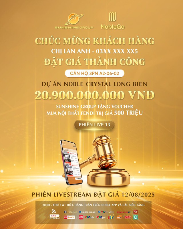 Livestream Sunshine Group 12/8: Căn hộ hàng hiệu chốt deal 20,9 tỷ đồng - Ảnh 1