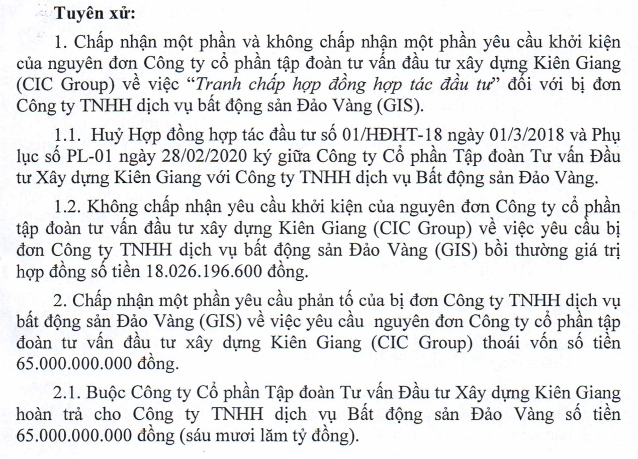Toà án nhân dân tỉnh An Giang tuyên hủy hợp đồng hợp tác đầu tư giữa Tập đoàn CIC và Công ty BĐS Đảo Vàng tại dự án Búng Gội - Ảnh 1