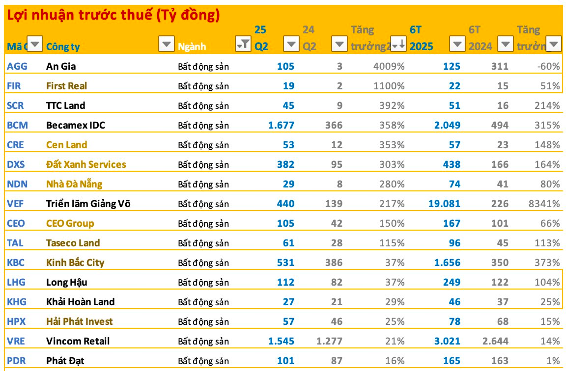 Gọi tên 10 DN bất động sản báo lãi tăng mạnh nhất sàn chứng khoán quý 2/2025, có công ty tăng đến 4.009% - Ảnh 1
