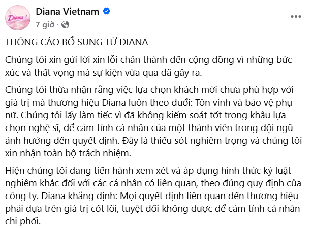 Diana liên tiếp ra thông cáo xin lỗi vụ mời nghệ sĩ dự sự kiện: Sẽ áp dụng hình thức kỷ luật nghiêm khắc đối với các cá nhân có liên quan - Ảnh 1