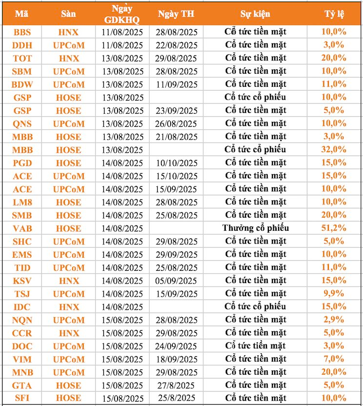 Lịch chốt quyền cổ tức 11/8-15/8: Cổ tức tiền mặt cao nhất 25%, một ngân hàng lớn chi hơn 1.800 tỷ đồng trả cổ tức - Ảnh 1