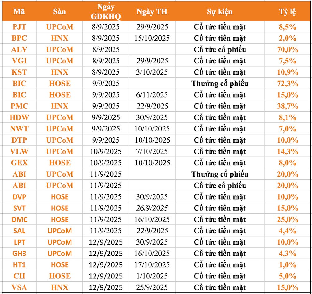 Lịch chốt quyền cổ tức 8/9-12/9: Tiền mặt cao nhất gần 40%, một doanh nghiệp chi hơn 2.000 tỷ trả cổ tức - Ảnh 1