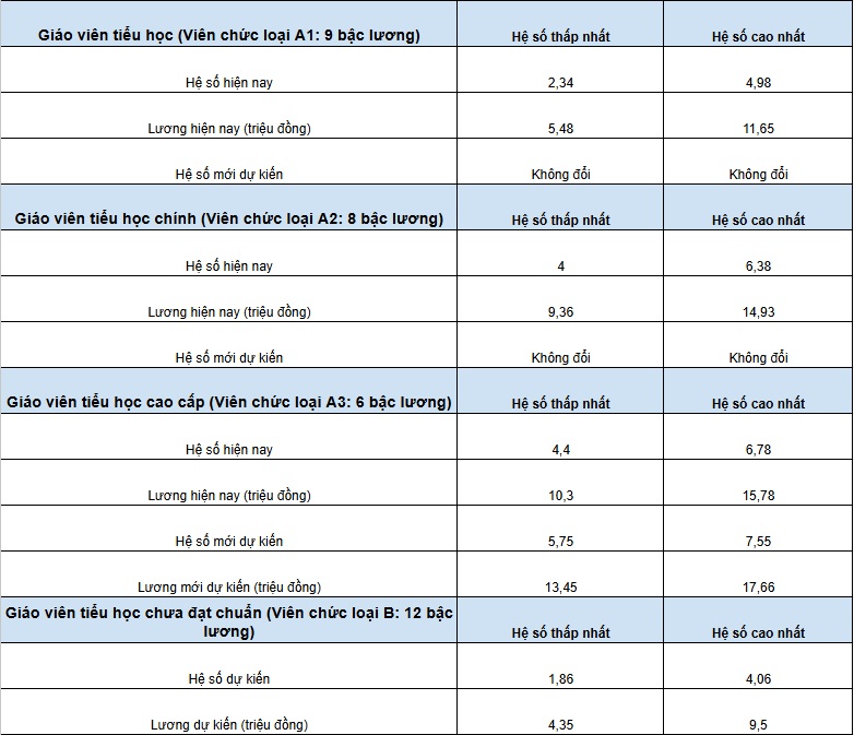 Dự kiến bảng lương mới của giáo viên tiểu học - Ảnh 1