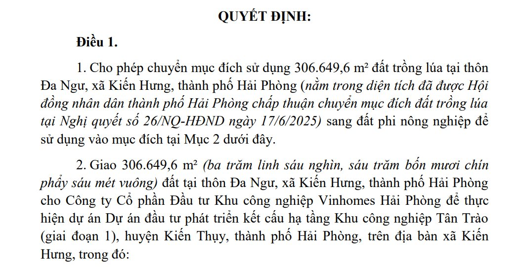 Vinhomes nhận 30,6 hecta đất trồng lúa ở Hải Phòng để làm khu công nghiệp 4.000 tỷ đồng - Ảnh 1