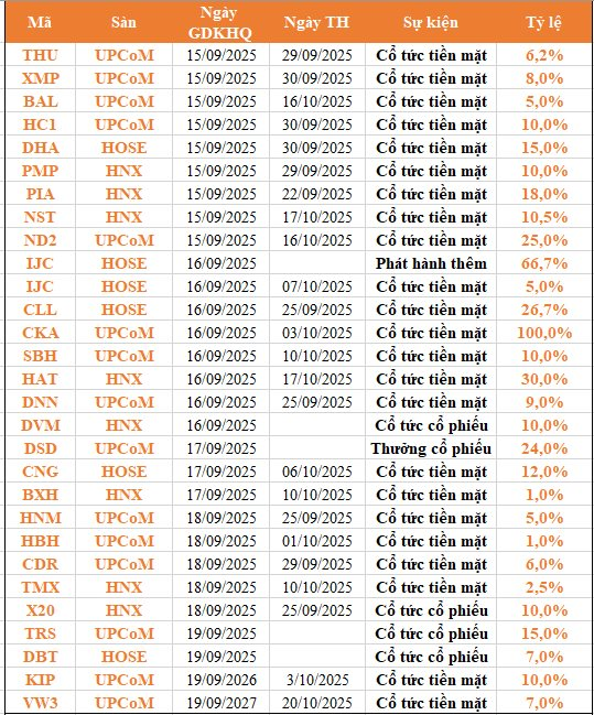 Lịch chốt quyền cổ tức 15/9-19/9: Cổ tức tiền mặt cao nhất 100% - Ảnh 1