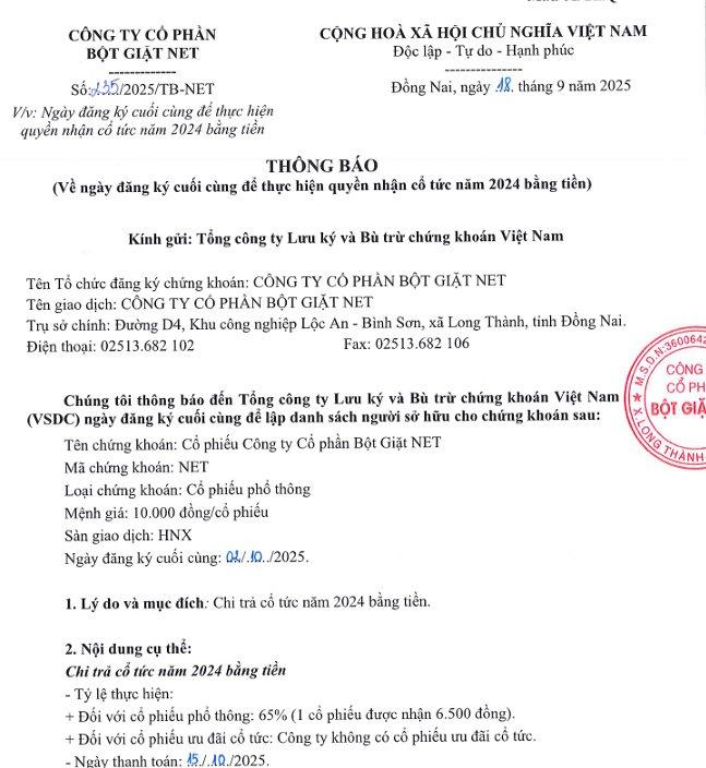 Công ty bột giặt sắp trả cổ tức tiền mặt tỷ lệ 65% - Ảnh 1