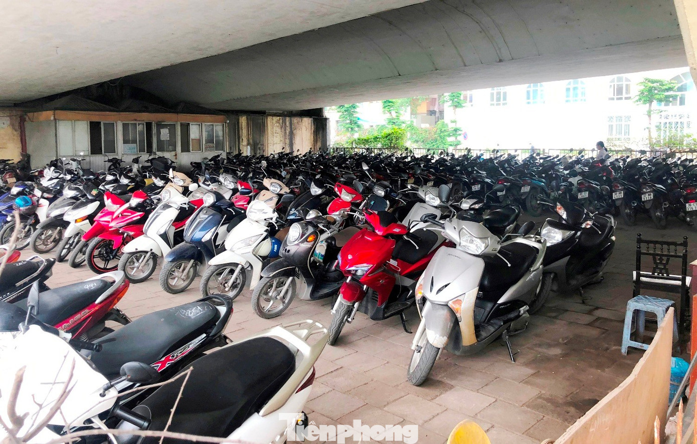 Cận cảnh các gầm cầu Hà Nội 'phủ kín' bãi ô tô, xe máy - Ảnh 1