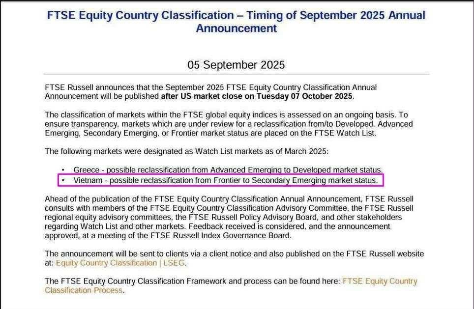 FTSE Russell thông báo về việc nâng hạng chứng khoán Việt Nam - Ảnh 1