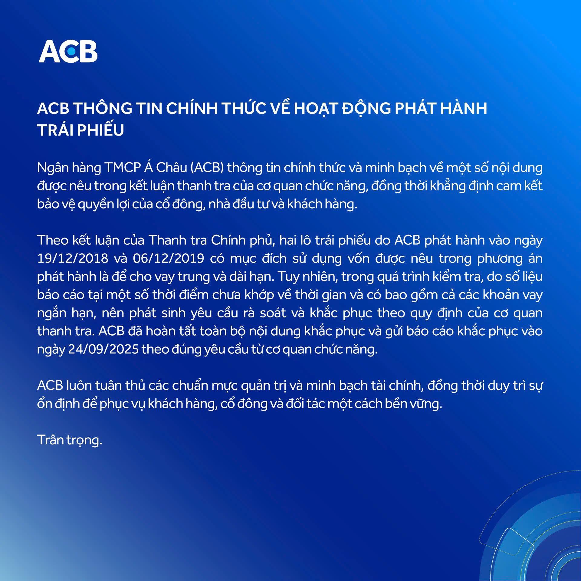 ACB lên tiếng sau kết luận thanh tra “cho vay hàng nghìn tỷ tiền trái phiếu sai mục đích” - Ảnh 1