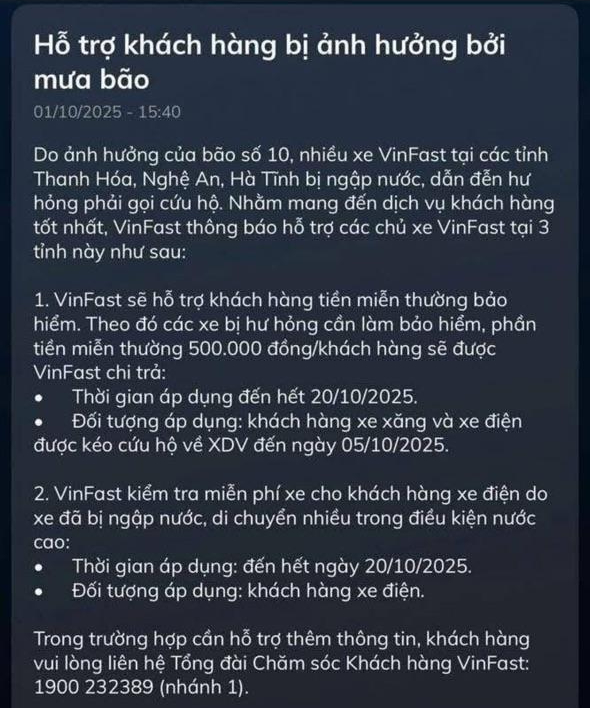 Nóng: VinFast hỗ trợ 500.000 đồng, miễn phí kiếm tra cho xe bị ngập do bão Bualoi - Ảnh 1