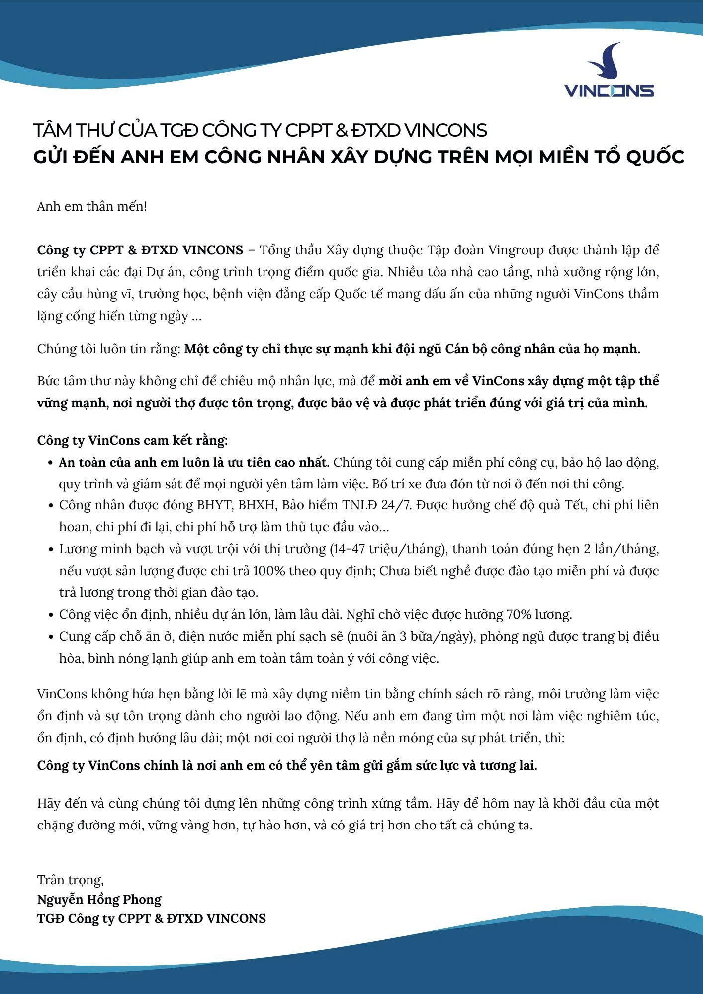 TGĐ công ty xây dựng của Vingroup viết tâm thư: Mời gọi công nhân "dựng xây công trình xứng tầm" với thu nhập tới 47 triệu/tháng - Ảnh 2