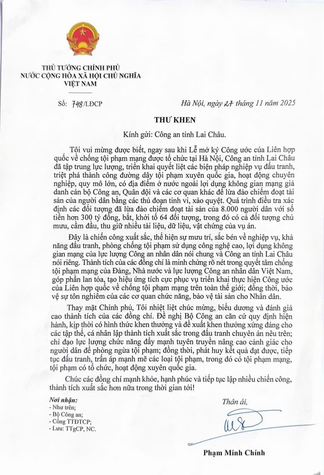 Thủ tướng gửi thư khen Công an tỉnh Lai Châu về chiến công triệt phá đường dây lừa đảo quy mô lớn - Ảnh 1