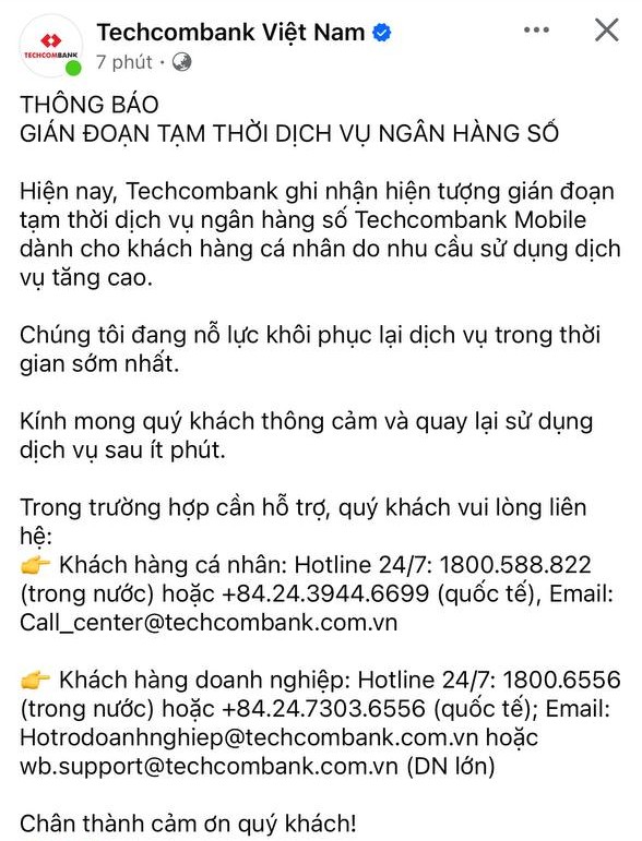 Một ngân hàng thông báo khẩn về tình trạng gián đoạn dịch vụ chuyển khoản - Ảnh 1