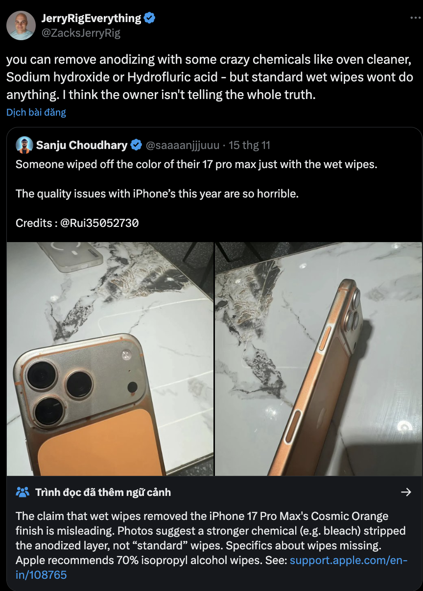 Sự thật iPhone 17 Pro Max “bay màu” sau khi lau bằng khăn ướt - Ảnh 4