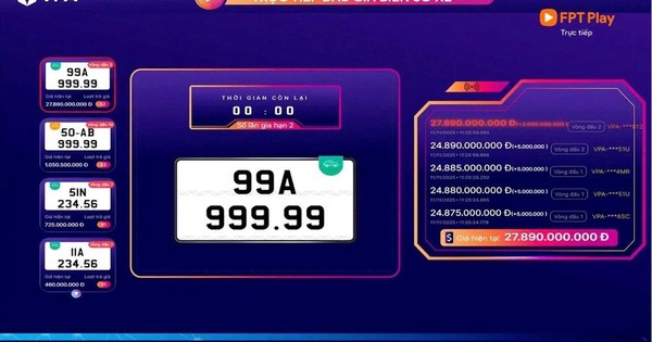 Công ty Đấu giá Hợp danh Việt Nam VPA thông báo: Biển ô tô 'ngũ quý' 99A-999.99 trúng đấu giá gần 28 tỷ