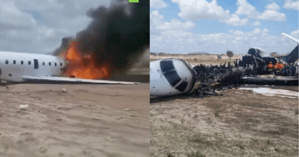 Máy bay chở một bộ trưởng cùng khoảng 20 người khác trượt khỏi đường băng, gần như cháy thành tro