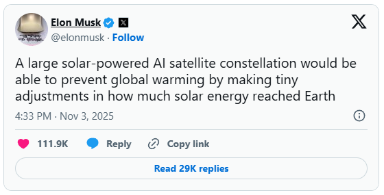 Giấc mơ mới của Elon Musk: Tạo ra "Ô che nắng" cho Trái Đất, vừa làm mát vừa sản xuất năng lượng sạch vô tận - Ảnh 1