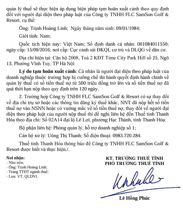 Vừa nhậm chức 1 tháng, tân Giám đốc FLC Samson Golf & Resort vào diện “chờ” tạm hoãn xuất cảnh vì công ty nợ thuế 31,7 tỷ - Ảnh 1