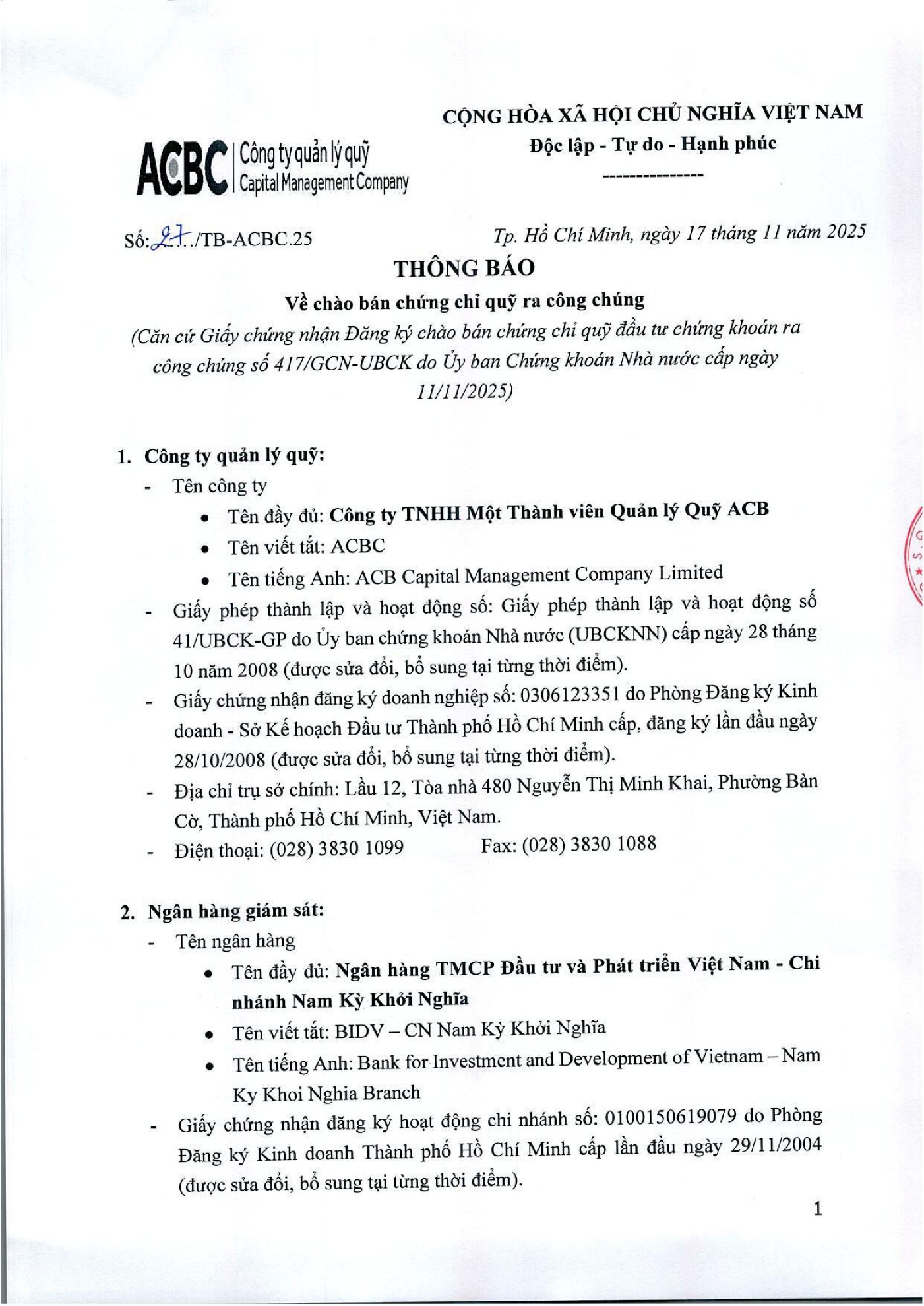 Công ty TNHH MTV Quản lý Quỹ ACB (“ACBC”) thông báo chào bán chứng chỉ Quỹ ACBC-AGF ra công chúng - Ảnh 1