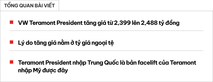 VW Teramont bản ‘Chủ tịch’ giá mới 2,488 tỷ đồng tại Việt Nam: Đắt gần bằng 2 chiếc Palisade cùng cỡ, lý do không đến từ trang bị - Ảnh 1