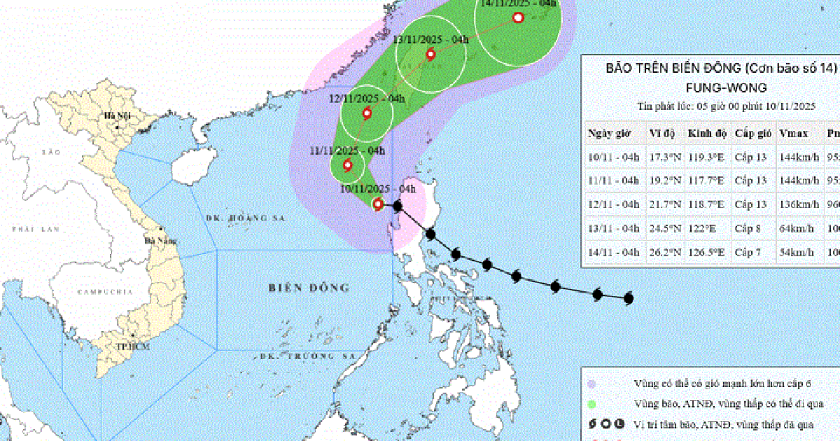 Bão Fung wong vào Biển Đông thành bão số 14, giật cấp 16