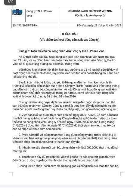 Một doanh nghiệp FDI hơn 23 năm sản xuất kinh doanh tại Việt Nam công bố chấm dứt hoạt động - Ảnh 1