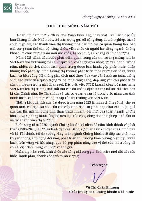 Thư chúc mừng năm mới 2026 của Chủ tịch Ủy ban Chứng khoán Nhà nước - Ảnh 1